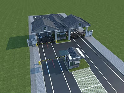 Modern Entrance Gate With Gray Roof Guard Booth And Lane Barrier On Green Lawn 3d model