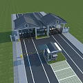 Modern Entrance Gate With Gray Roof Guard Booth And Lane Barrier On Green Lawn