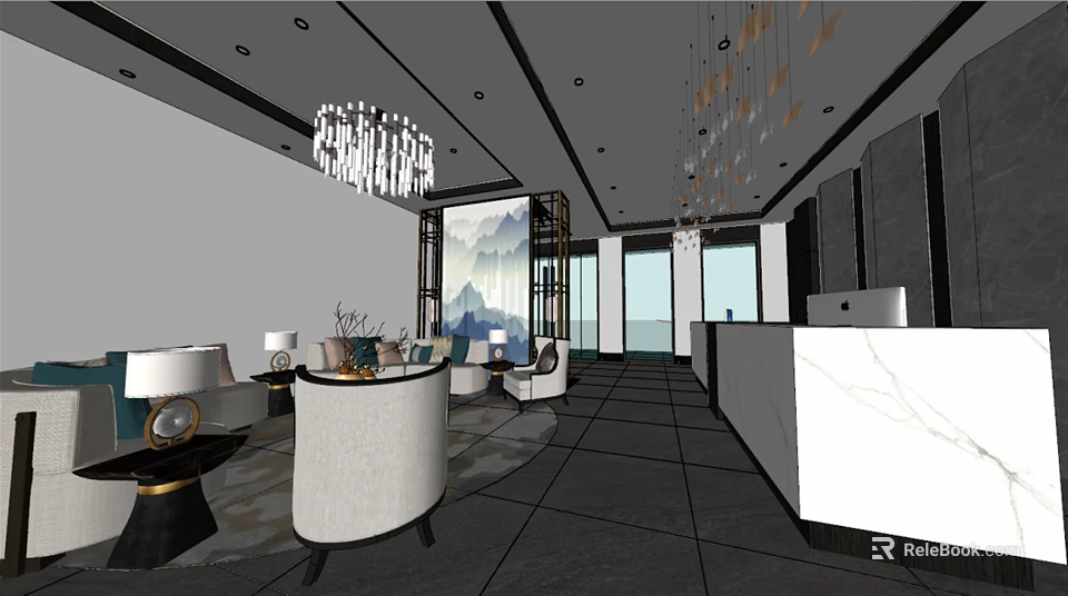 Modern Hotel Lobby Interior Design With Chandelier Sofa Seating Reception Desk And Landscape Painting 3d model 