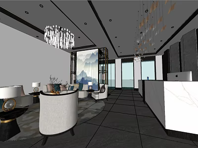 Modern Hotel Lobby Interior Design With Chandelier Sofa Seating Reception Desk And Landscape Painting 3d model