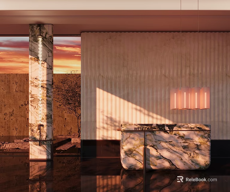 Marble Reception Desk With Sunset View Decorative Column Vertical Panel Wall And Pendant Light 3d model 