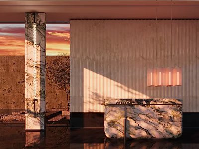 Marble Reception Desk With Sunset View Decorative Column Vertical Panel Wall And Pendant Light 3d model