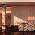 Marble Reception Desk With Sunset View Decorative Column Vertical Panel Wall And Pendant Light