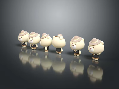 Multiple Cartoon Dolls With Hats And Outfits On Black Background With Reflections 3d model