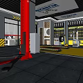 4S Auto Repair Workshop With Red Car Lift Yellow Floor Tool Racks Parts And Tires