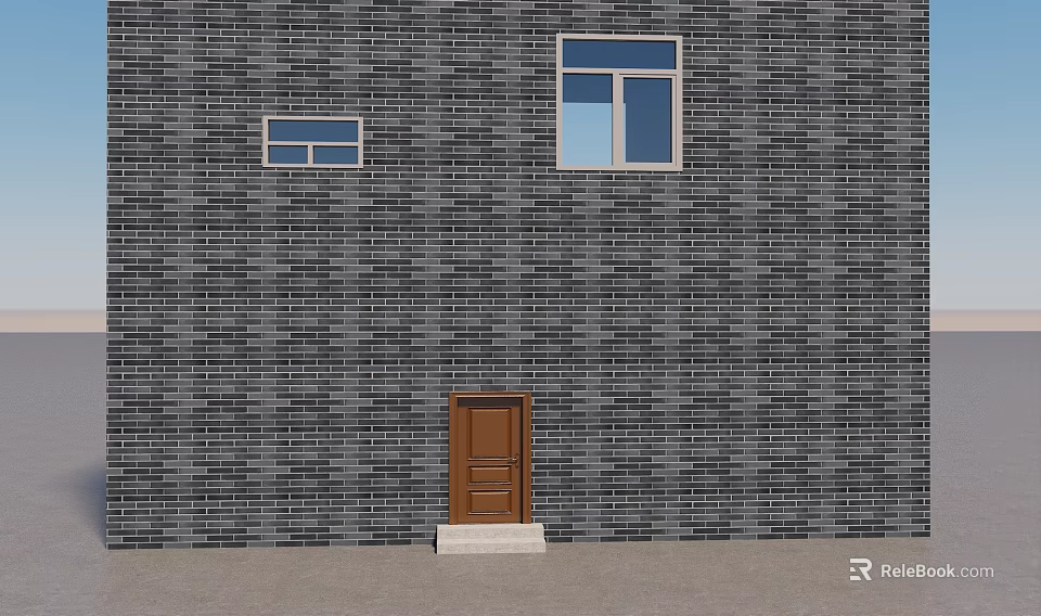 Brick Wall Exterior With Small Window Large Window And Brown Wooden Door 3d model 