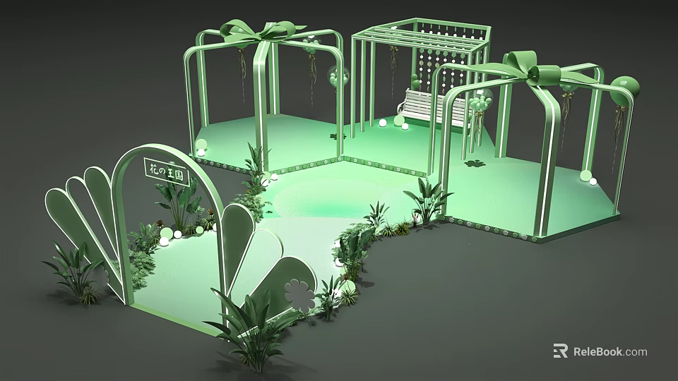 Green Decorative Archway With Swing Pathway And Lush Plants Lighting Design 3d model
