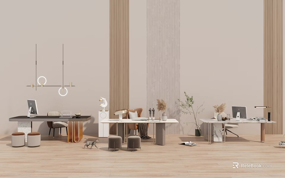 Modern Minimalist Desk Interior Design With Laptop Chair Lamp And Green Plants Setup 3d model 