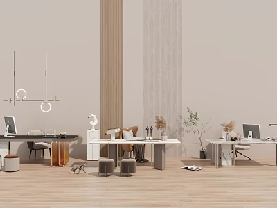 Modern Minimalist Desk Interior Design With Laptop Chair Lamp And Green Plants Setup 3d model
