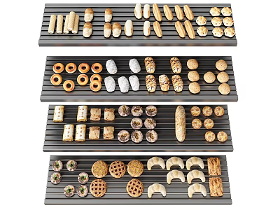 Assorted Bread and Pastries Displayed on Black Trays with Various Shapes 3d model