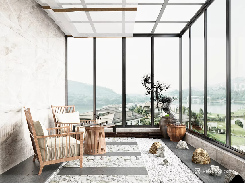 Villa Balcony With Rattan Chairs Coffee Table Rug Potted Plant Stone Decor And Lake View 3d model 