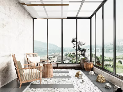 Villa Balcony With Rattan Chairs Coffee Table Rug Potted Plant Stone Decor And Lake View 3d model