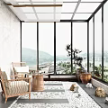 Villa Balcony With Rattan Chairs Coffee Table Rug Potted Plant Stone Decor And Lake View