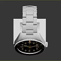 Elegant Wrist Watch With Silver Metal Bracelet Black Dial And Gold Hands On White Stand