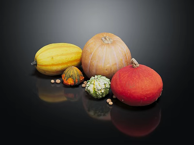 Different Colored Pumpkins In Various Shapes With Seeds On Black Reflective Surface 3d model