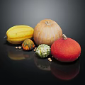 Different Colored Pumpkins In Various Shapes With Seeds On Black Reflective Surface
