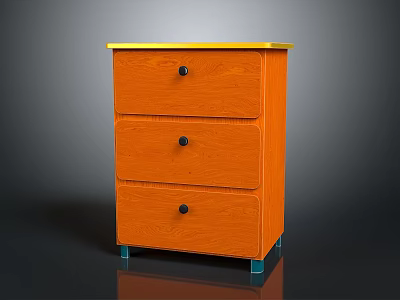 Stylish Orange Three Drawer Cabinet With Golden Top Black Knobs And Green Legs 3d model