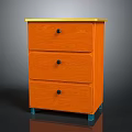 Stylish Orange Three Drawer Cabinet With Golden Top Black Knobs And Green Legs