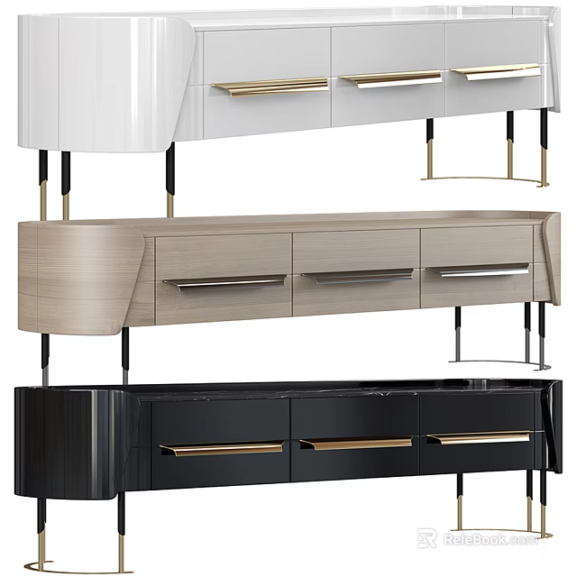 Modern TV Stand Designs in White Light Wood Black with Gold Handles and Metal Legs 3d model 