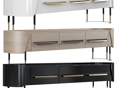 Modern TV Stand Designs in White Light Wood Black with Gold Handles and Metal Legs 3d model