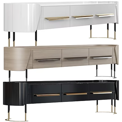 Modern TV Stand Designs in White Light Wood Black with Gold Handles and Metal Legs 3d model