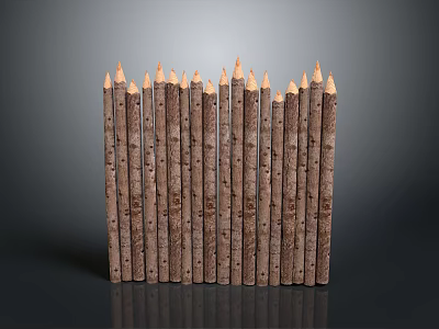 Rustic Landscape With Neatly Aligned Wooden Logs Having Pointed Tops And Reflection 3d model