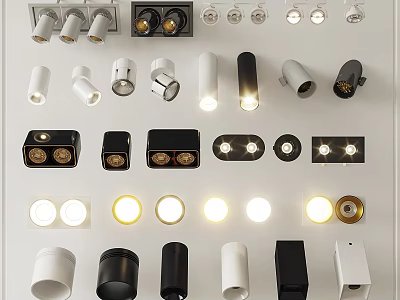Different Styles of Modern Downlights and Spotlights in Black and White for Home Lighting 3d model