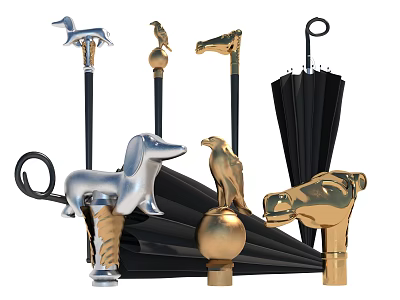 Animal Shaped Umbrella Handles With Gold Silver Accents And Black Umbrella 3d model