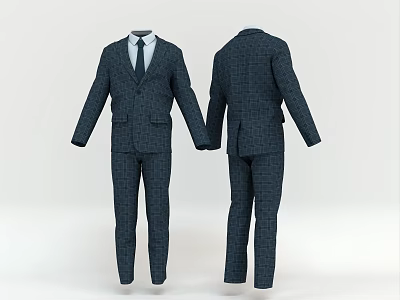 Navy Plaid Formal Suit Front And Back View Paired With White Shirt And Tie 3d model