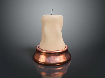 White Unlit Candle With Shiny Copper Base And Black Wick On Dark Surface 3d model