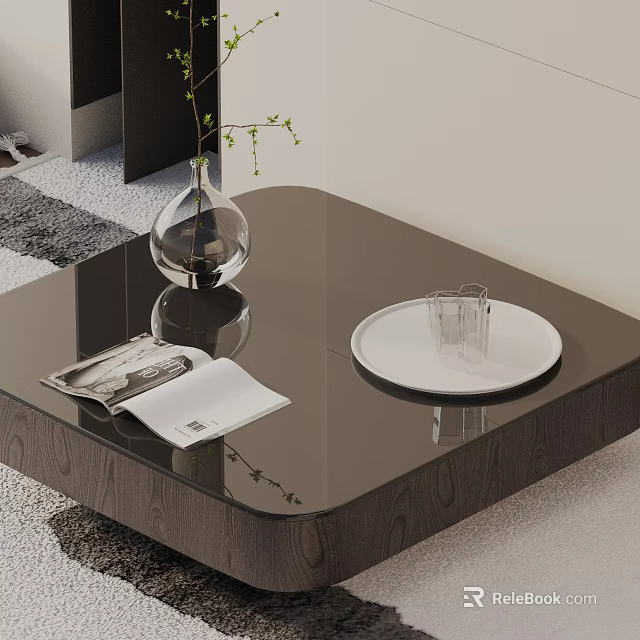 Modern Sofa Coffee Table Set Featuring Glass Top Wooden Frame Clear Vase Green Plant Magazine 3d model 