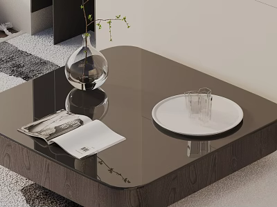 Modern Sofa Coffee Table Set Featuring Glass Top Wooden Frame Clear Vase Green Plant Magazine 3d model