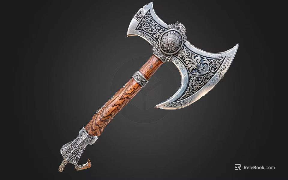 Decorative Battle Weapon With Carved Wooden Handle And Intricate Metal Head 3d model 