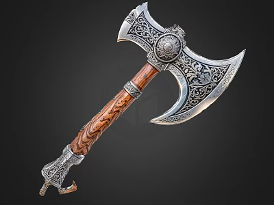 Decorative Battle Weapon With Carved Wooden Handle And Intricate Metal Head 3d model