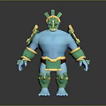 Blue Mythical Warrior Creature With Green Headdress And Gold Armor Details