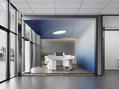Modern Public Office Space Interior With Open Layout White Desks Chairs Green Plant And Ceiling Light 3d model