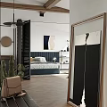 Modern Bedroom Interior With Dark Headboard Pillows Herringbone Flooring Accent Chair Blinds And Wall Art