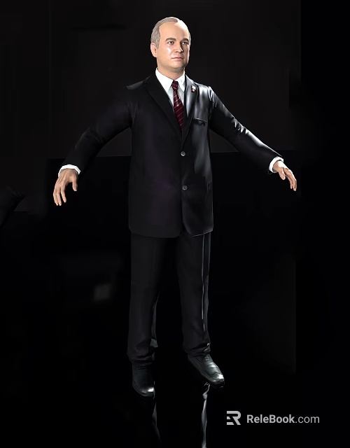 Man in black suit with red tie standing with arms outstretched against dark background 3d model 