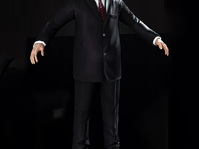 Man in black suit with red tie standing with arms outstretched against dark background 3d model