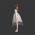 Cute Child with Brown Pigtails in White Lace Dress Arms Outstretched Wearing Blue Shoes