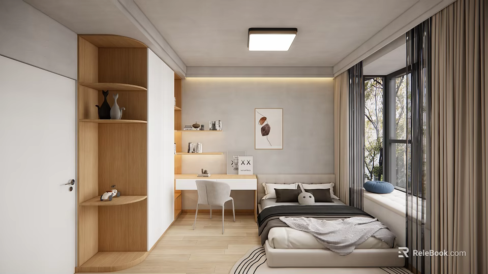 Modern Kids Room Interior With Wooden Shelf Study Desk Bed And Decorative Painting 3d model 