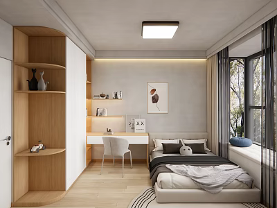 Modern Kids Room Interior With Wooden Shelf Study Desk Bed And Decorative Painting 3d model