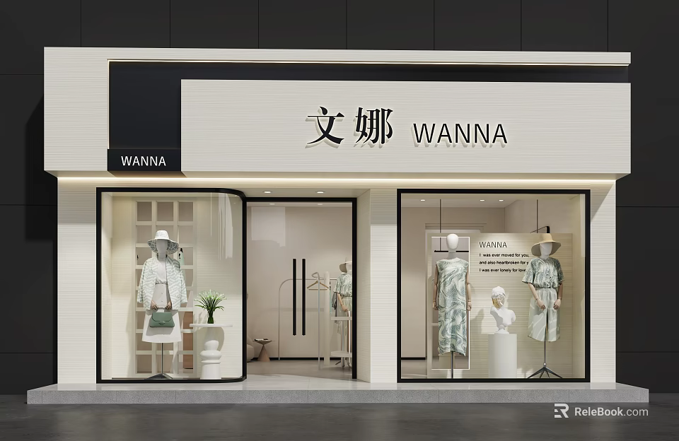 Elegant Modern WANNA Clothing Storefront Featuring Glass Windows And Fashion Mannequin Displays 3d model 