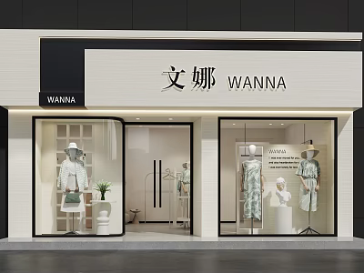 Elegant Modern WANNA Clothing Storefront Featuring Glass Windows And Fashion Mannequin Displays 3d model