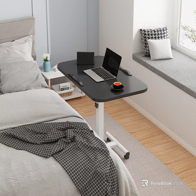 Rolling Black Bedroom Side Table With Laptop And Cup On Top 3d model