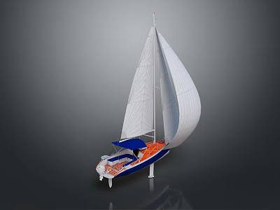 Sailboat With White Sails and Blue Orange Hull as Water Transport Vehicle 3d model
