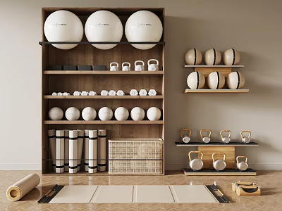 Fitness Equipment Storage With Yoga Balls Dumbbells Kettlebells And Yoga Mats On Wooden Shelf 3d model