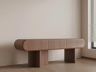 Modern Wooden Bench In Room With Light Colored Wall And Wooden Floor And Window Blinds 3d model