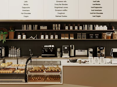 Coffee Shop Front Counter With Coffee Machines Pastry Bread Display And Menu Boards 3d model
