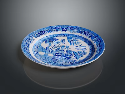 Traditional Blue and White Decorative Plate with Intricate Sculpture Carving Patterns 3d model